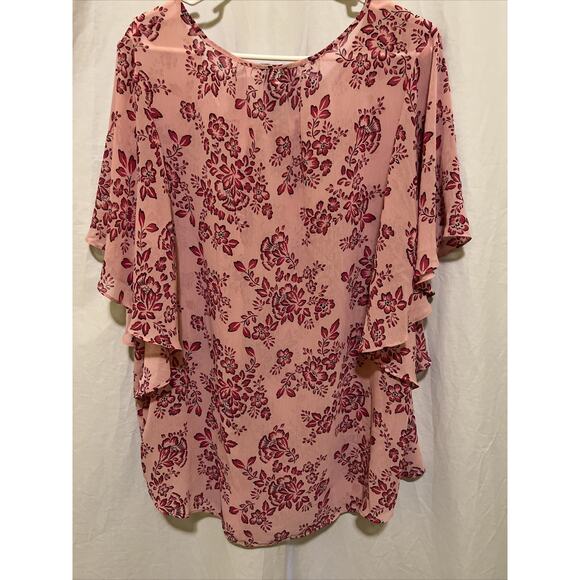Catherines Womens Blouse 1X 18/20 Semi Sheer Boho Pink Floral Butterfly Sleeve - Picture 8 of 11